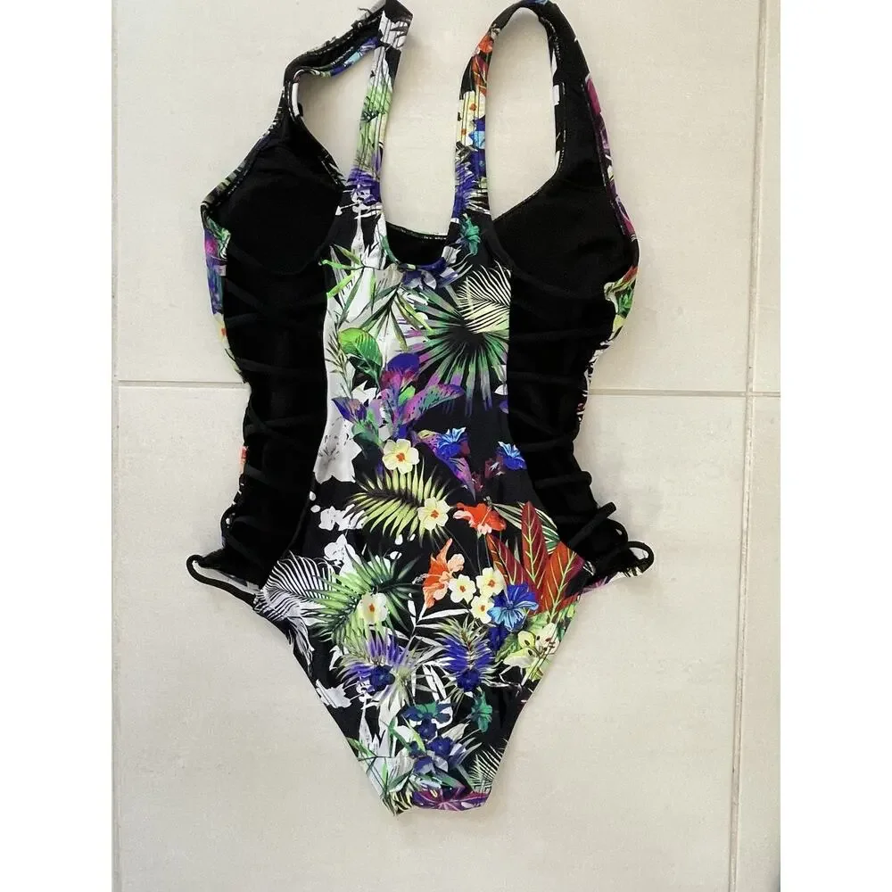 Tinibikini Swim Tropical Floral One Piece Swimsuit Strappy Sides